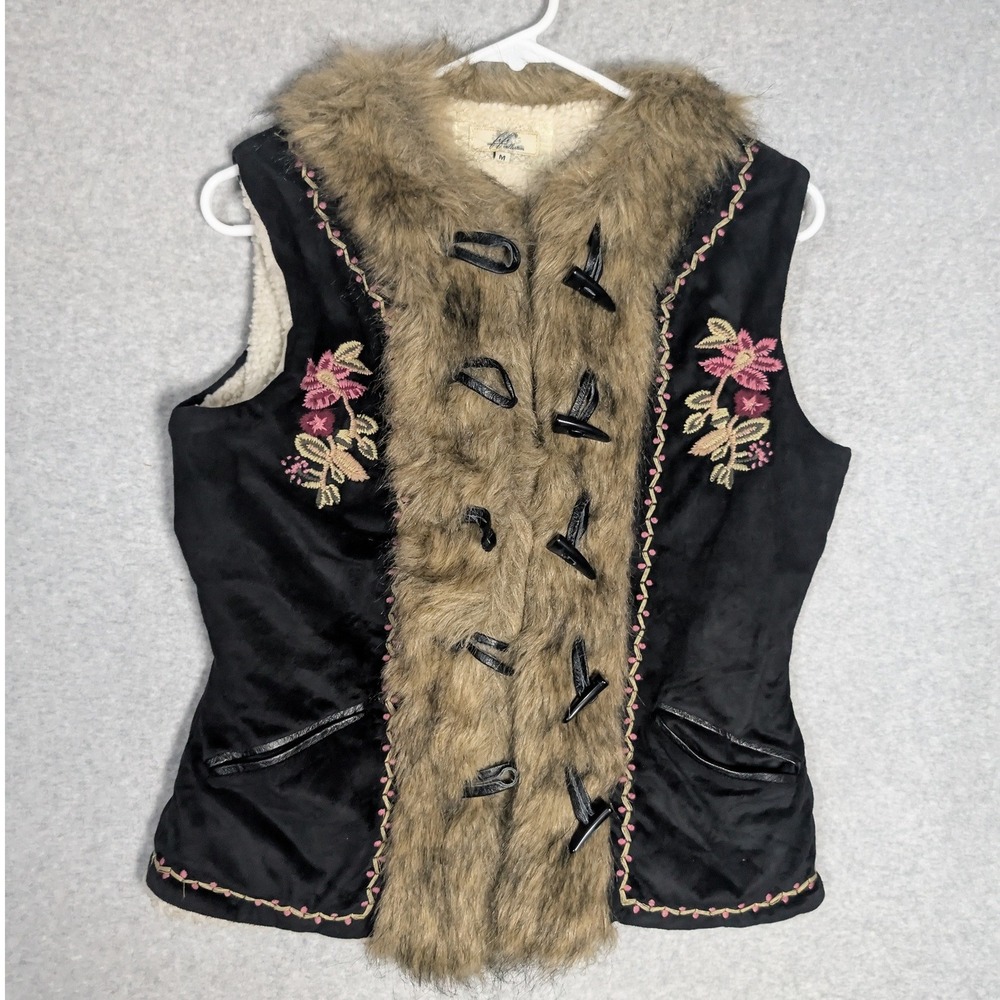 Fifi‎ Collection Vest Womens Medium Black Faux Fur Floral Embroidered Hippe Folk